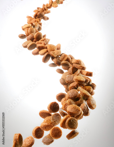 Pet food floating or flying isolated white background