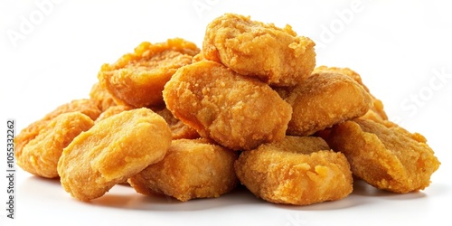 High-depth of field image featuring isolated chicken nuggets on a white background, perfect for culinary inspiration, food photography, snack ideas, and fast food concepts.