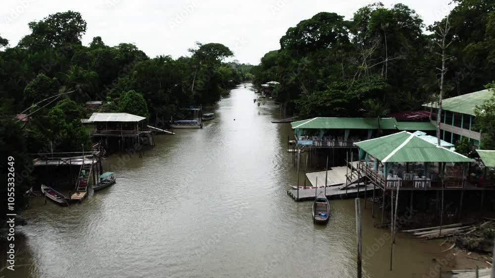 Aerial Of Buildings Along A River In Amazon Forest Aerial Of Buildings Along A River In Amazon Forest