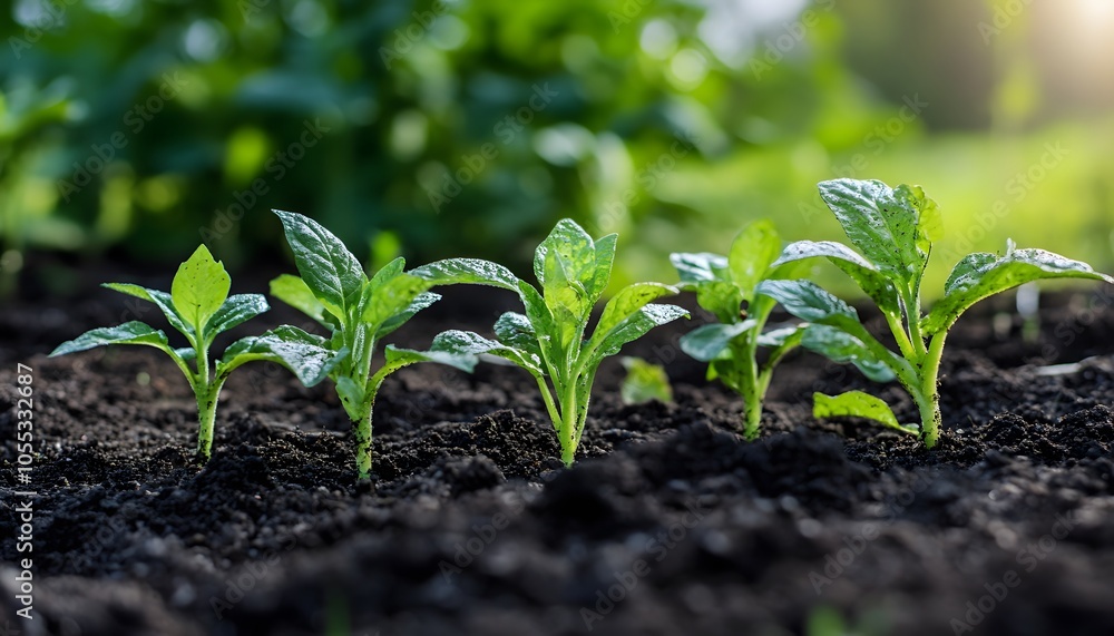 Five Green Seedlings Emerging from Dark Soil Five Green Seedlings Emerging from Dark Soil
