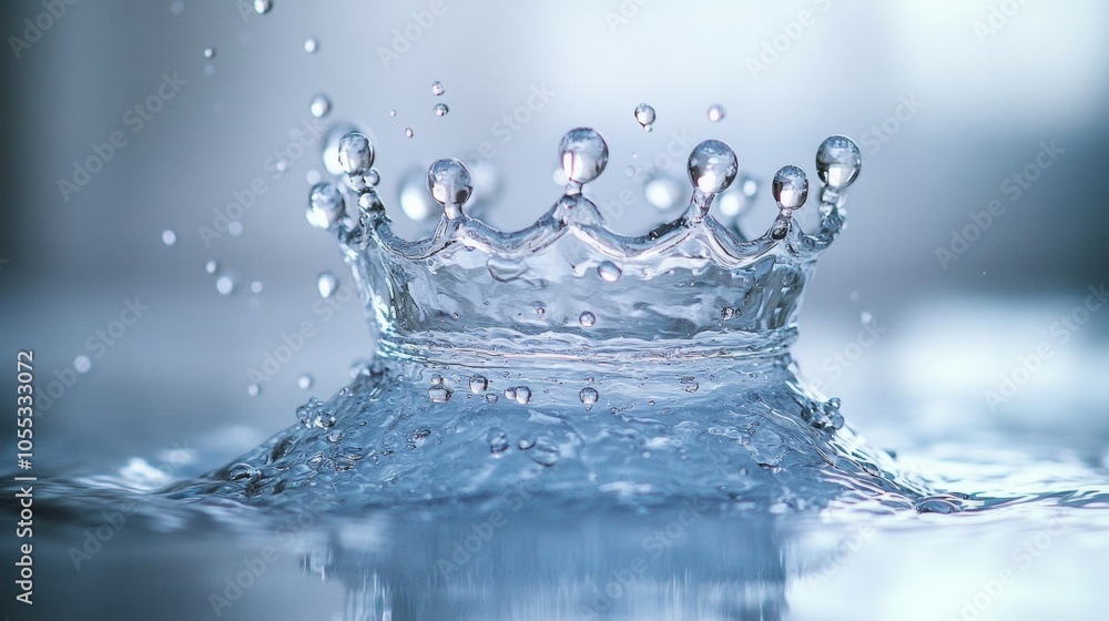 Crown-Shaped Water Splash on Blue Background with White Ripples - Abstract Art Studio Photography Crown-Shaped Water Splash on Blue Background with White Ripples - Abstract Art Studio Photography