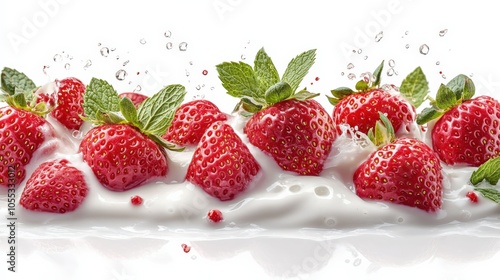 Fresh strawberries with mint in creamy milk splash, white isolated background