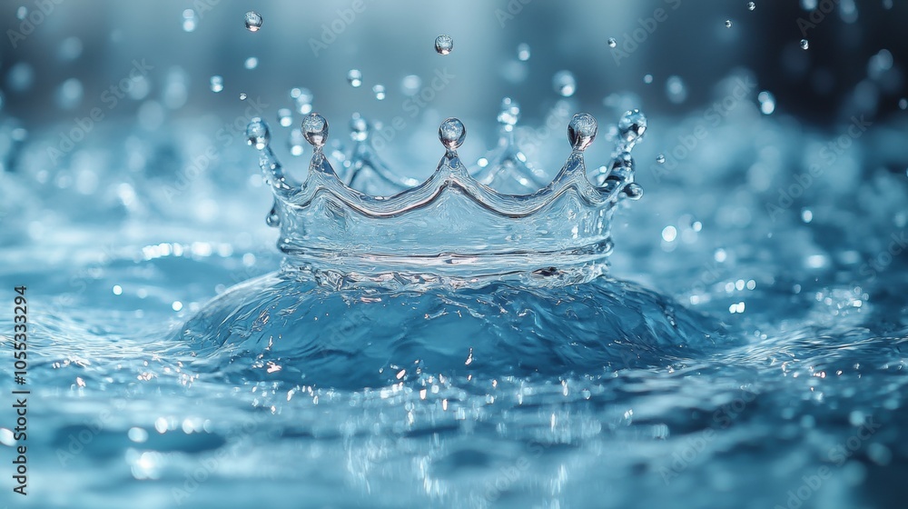 Crown-Shaped Water Splash on Blue Background with White Ripples - Abstract Art Studio Photography Crown-Shaped Water Splash on Blue Background with White Ripples - Abstract Art Studio Photography