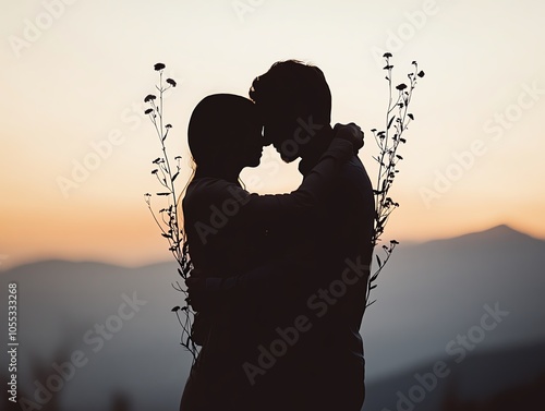 Silhouette of a couple embracing against a scenic sunset backdrop, with mountain outlines and a serene, romantic atmosphere.