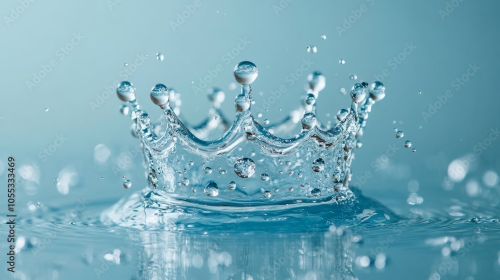 Crown-Shaped Water Splash on Blue Background with White Ripples - Abstract Art Studio Photography Crown-Shaped Water Splash on Blue Background with White Ripples - Abstract Art Studio Photography