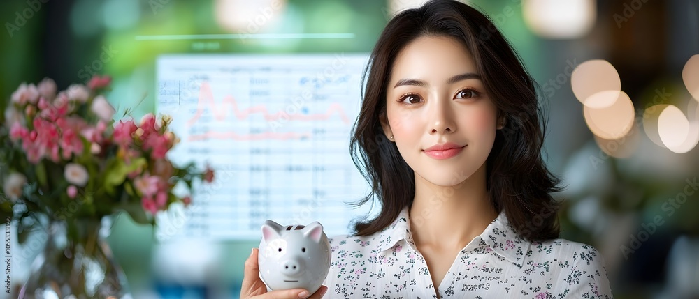 Smiling young Asian woman holding a piggy bank while looking at a chart ...