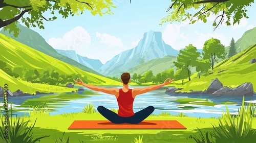 Wallpaper Mural Yoga Enthusiast Stretching by a River in a Lush Green Valley Cartoon Torontodigital.ca