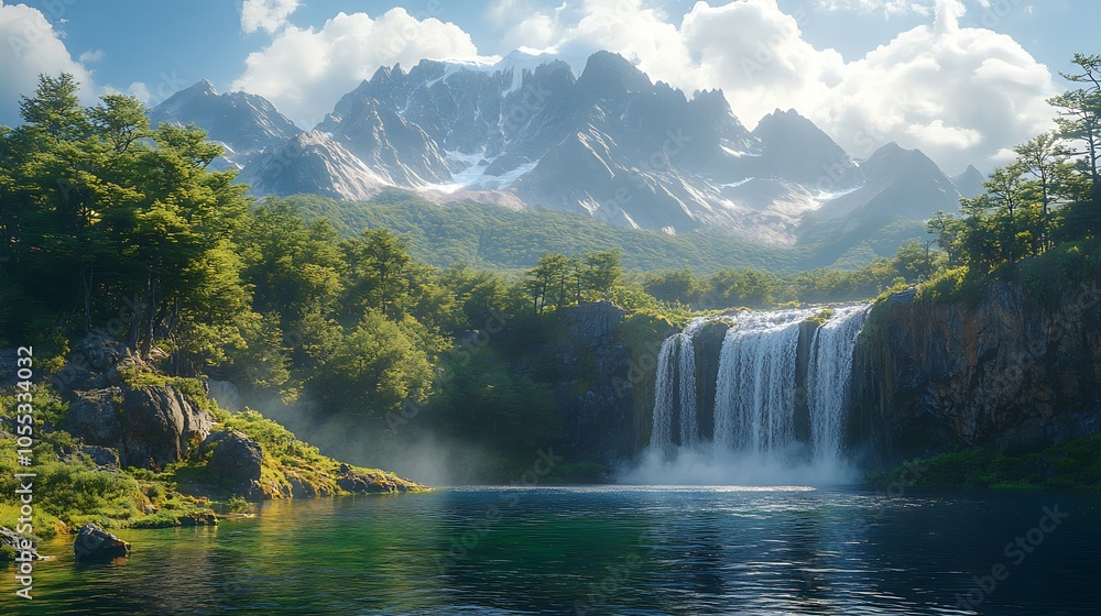Fototapeta premium Majestic waterfall cascading down rocky cliffs into a serene lake with snow-capped mountains in the background.