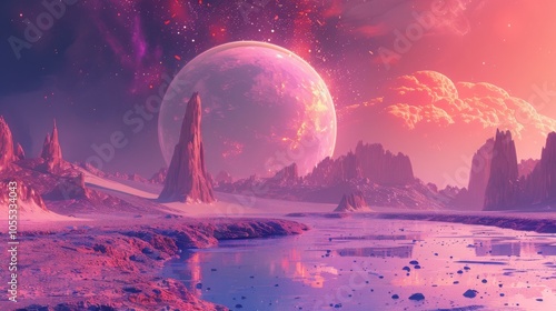 Pink Alien Planet Landscape with Mountains and Stars