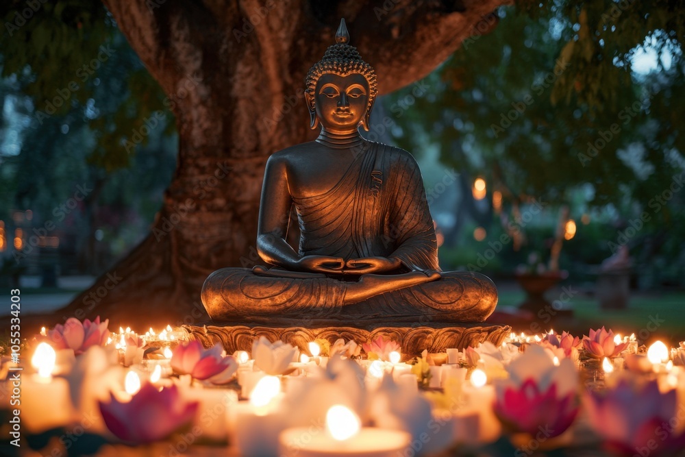 Serene Buddha Statue Illuminated by Candlelight at Night. Bodhi Day Serene Buddha Statue Illuminated by Candlelight at Night. Bodhi Day
