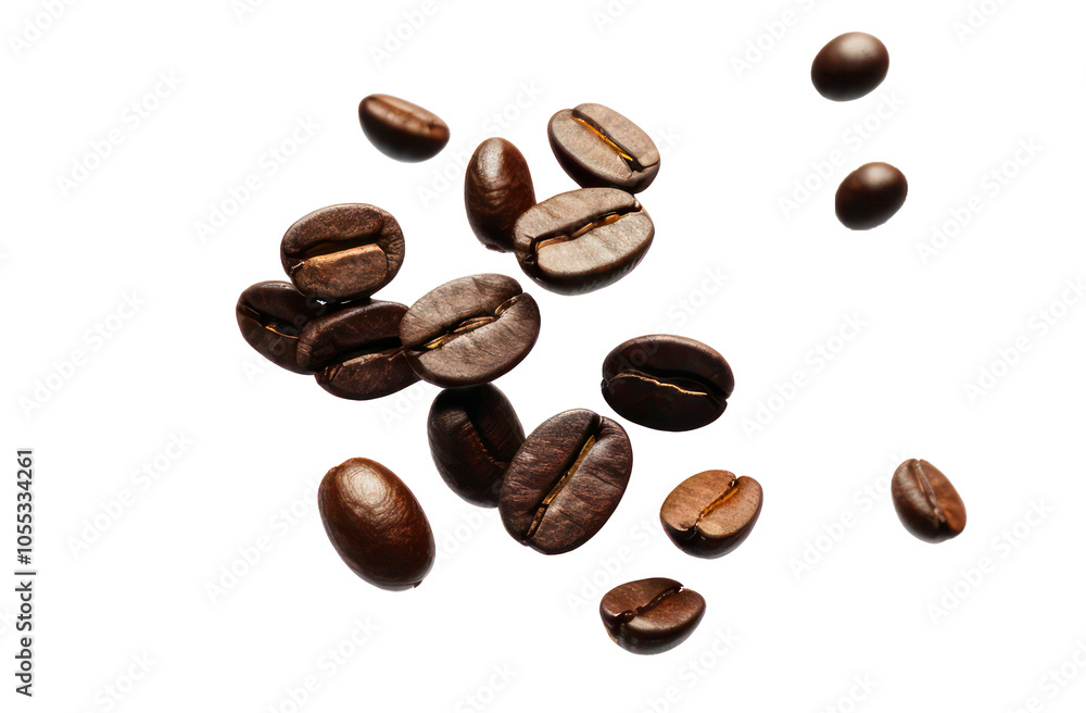 Flying coffee beans isolated on a transparent PNG background Flying coffee beans isolated on a transparent PNG background