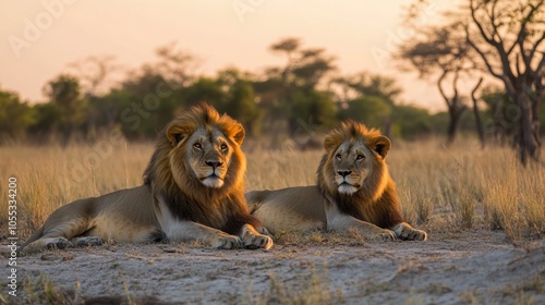 National Leon Day. Two majestic male lions resting in African savanna at sunset
