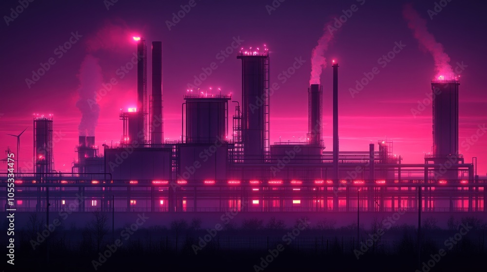 A Neon-Lit Industrial Complex at Dusk A Neon-Lit Industrial Complex at Dusk