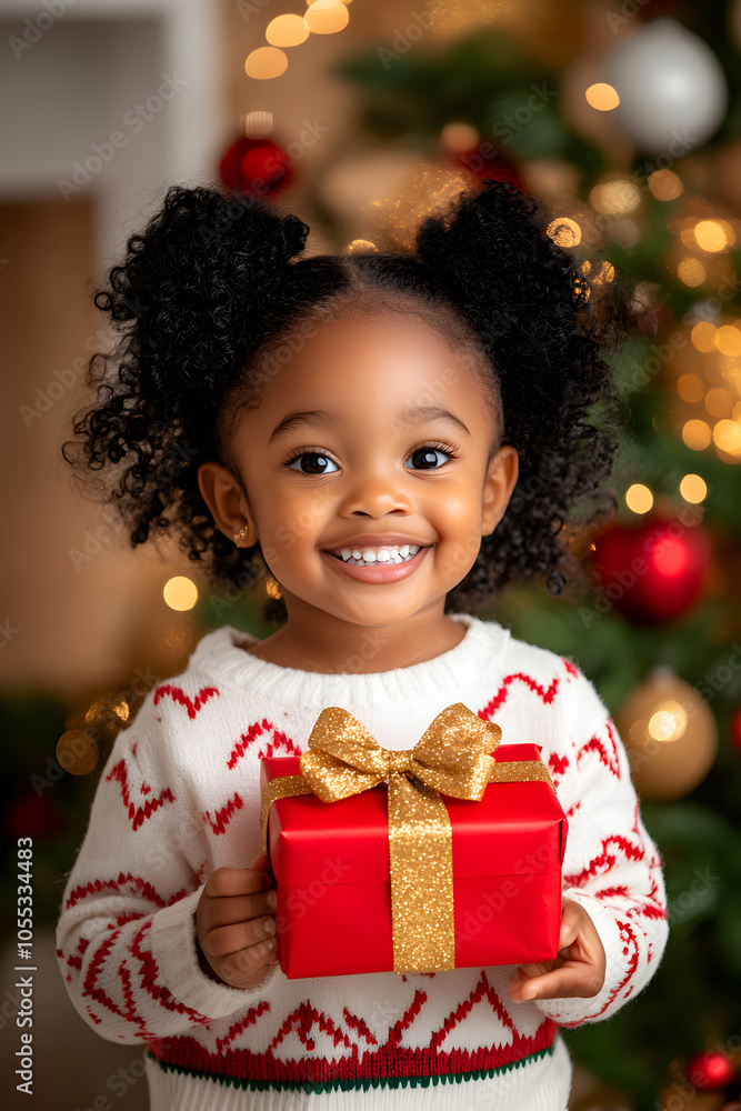 Young African girl with curly hair in white sweater smiling while holding a wrapped red Christmas present with a decorated tree in the background. Young African girl with curly hair in white sweater smiling while holding a wrapped red Christmas present with a decorated tree in the background.