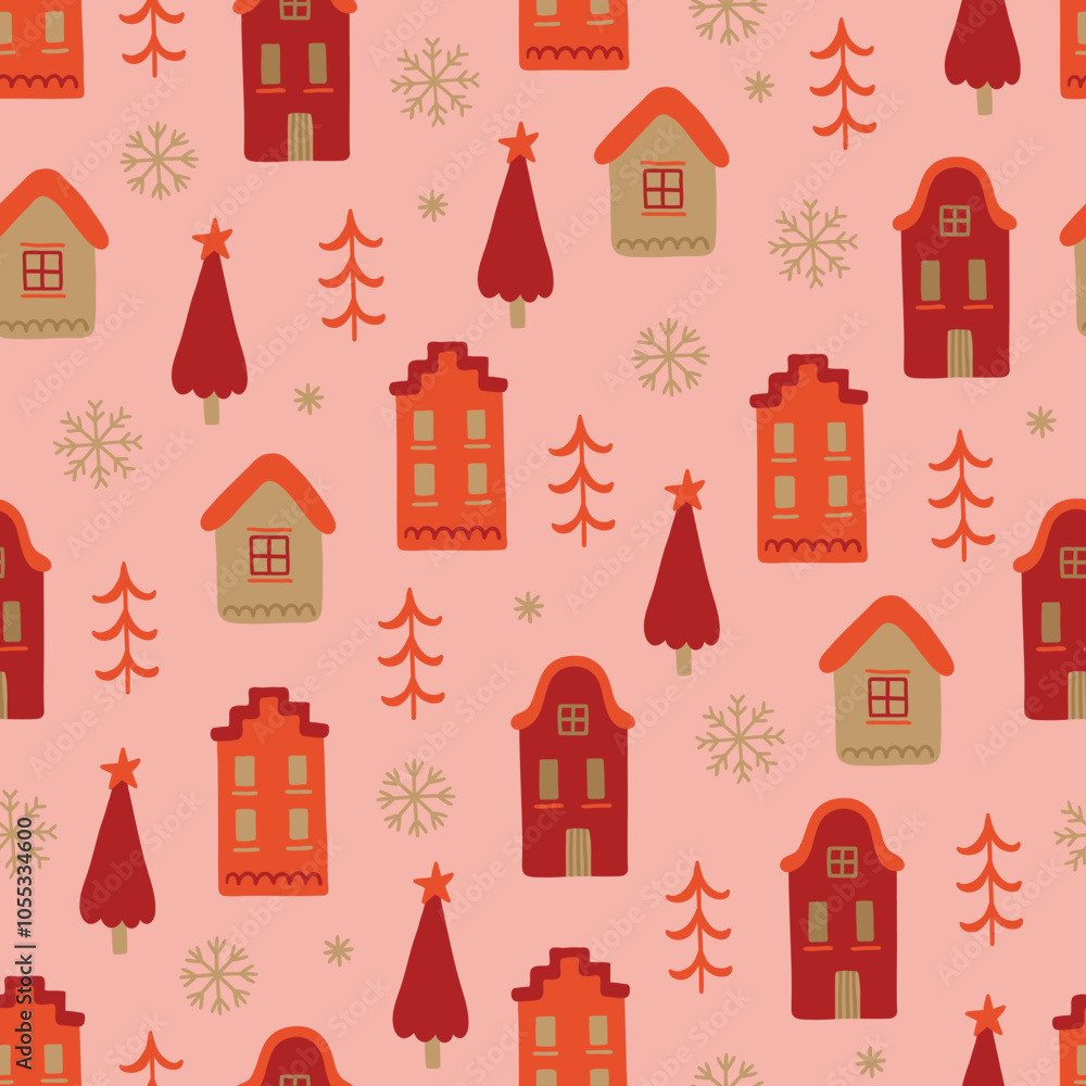 Christmas seamless pattern with houses, fir trees, stars, snowflakes on pink background. Perfect for wallpaper, gift paper, winter greeting cards. Vector illustration Christmas seamless pattern with houses, fir trees, stars, snowflakes on pink background. Perfect for wallpaper, gift paper, winter greeting cards. Vector illustration