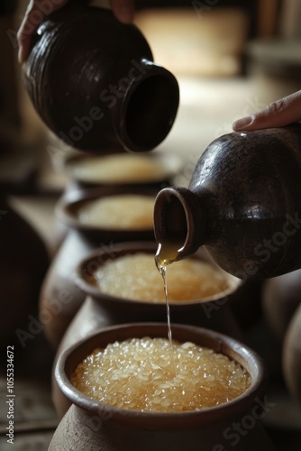 National Harvey Wallbanger Day. Traditional Liquid Pouring into Rice-Filled Clay Jars photo