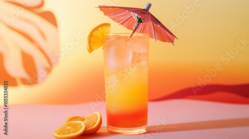 Tropical Cocktail with Umbrella on Sunset Background. National Harvey Wallbanger Day. photo