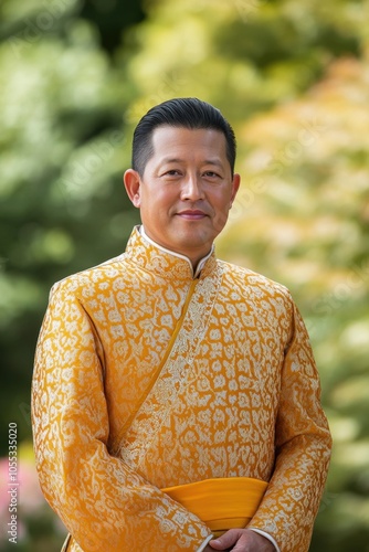 Coronation Day of His Majesty the King. Man in Elegant Traditional Attire Smiling Peacefully Outdoors photo