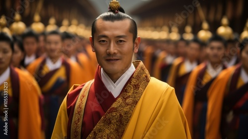 Bhutanese Spiritual Leader in Traditional Attire Amid Followers. Coronation Day of His Majesty the King photo