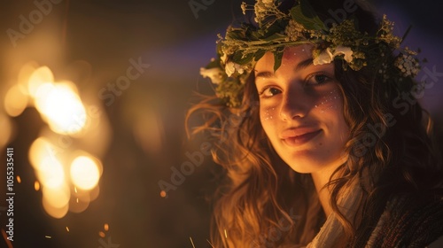 Calan Gaeaf. Woman with Floral Crown at Outdoor Festival