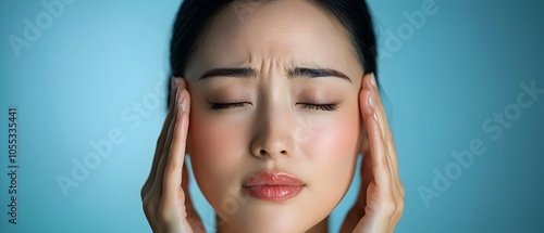 Closeup of a stressed and overwhelmed Asian woman massaging her forehead with her eyes closed experiencing tension anxiety and a painful headache or migraine that she is seeking relief for