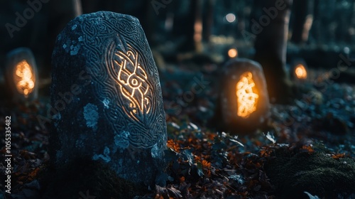 Calan Gaeaf. Illuminated Celtic Soulstones in Dark Forest photo