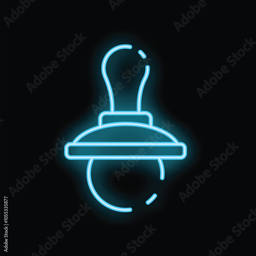 Blue neon sign of baby pacifier glowing on black background