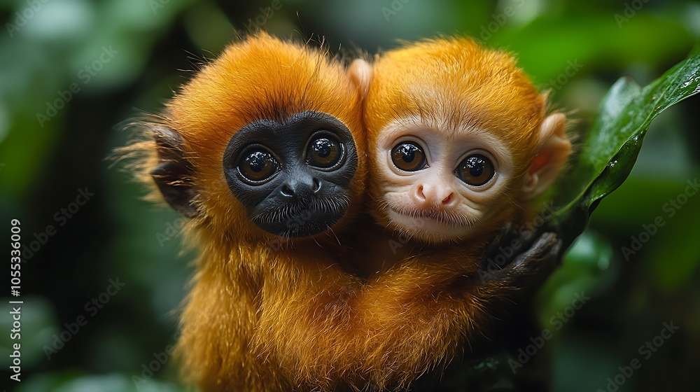 Two adorable red leaf monkeys cuddling in the rainforest. Two adorable red leaf monkeys cuddling in the rainforest.