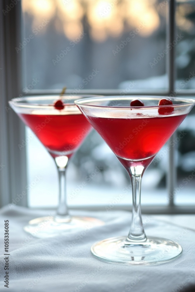Festive Red Cocktails by Snowy Window Festive Red Cocktails by Snowy Window