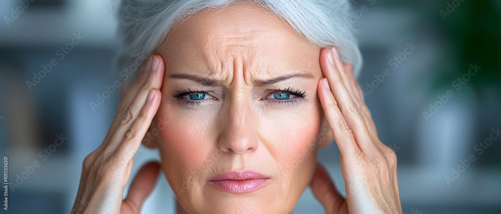 Frustrated and anxious middle aged woman pressing her forehead with her hands showing expression of pain and discomfort from a severe headache or migraine Concept of health issues mental stress Frustrated and anxious middle aged woman pressing her forehead with her hands showing expression of pain and discomfort from a severe headache or migraine Concept of health issues mental stress