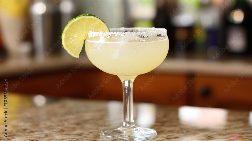 Refreshing Margarita Cocktail with Lime on Bar Counter Refreshing Margarita Cocktail with Lime on Bar Counter