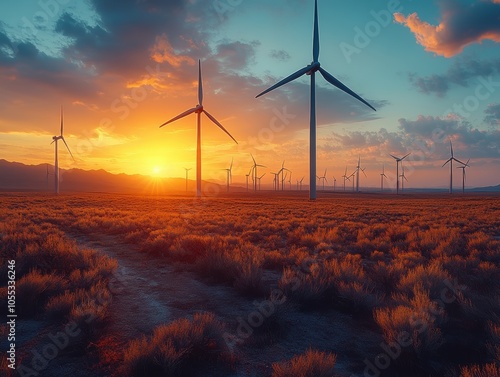 Wind Turbines at Sunset, serene silhouettes against a colorful sky, vast fields evoke tranquility and the beauty of renewable energy photo