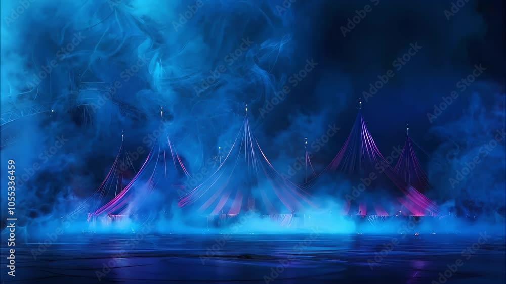 A mystical scene featuring colorful circus tents shrouded in fog and dramatic blue lighting. A mystical scene featuring colorful circus tents shrouded in fog and dramatic blue lighting.
