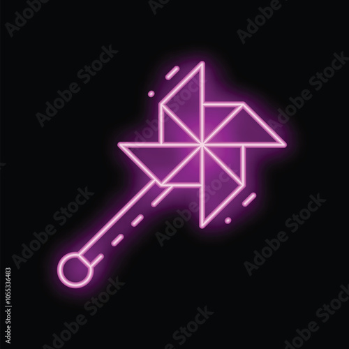 Neon sign representing a pinwheel spinning in the wind, perfect for illustrating childhood, summer, games, fun