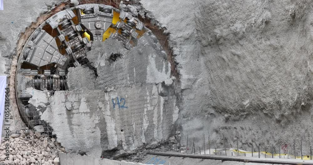 Tunnel boring machine(TBM) head on display at subway construction site ...