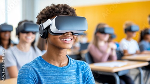 interactive,learning,e-learning,education, Teenager Engaged in Virtual Reality Experience in Classroom