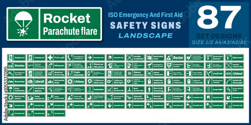 87 set iso emergency and first aid safety signs v49_rocket parachute flare_landscape size 1/2 a4,a3,a2,a1