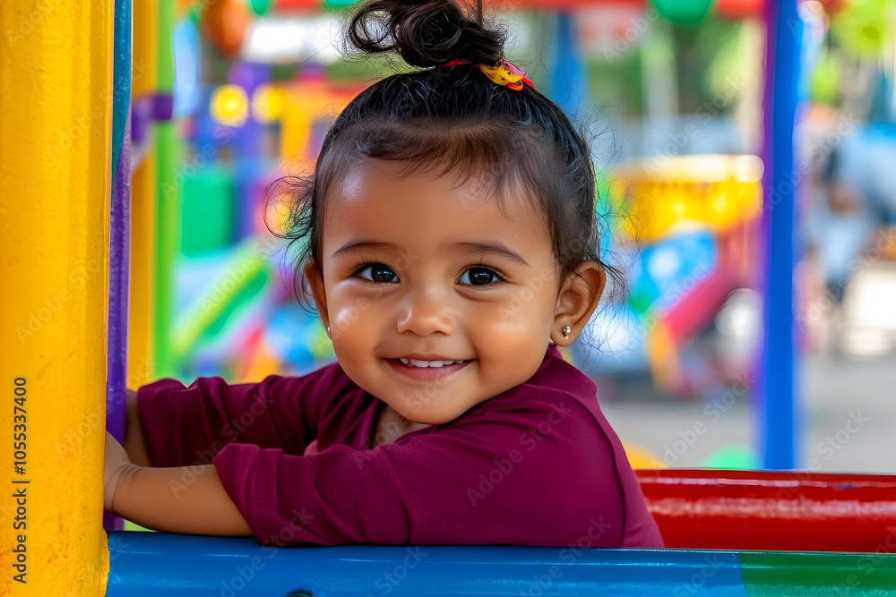 Energetic African girl child with bun hair in burgundy shirt playing on a jungle gym in a colorful playground, laughing as he explores and climbs. Copy space. Energetic African girl child with bun hair in burgundy shirt playing on a jungle gym in a colorful playground, laughing as he explores and climbs. Copy space.