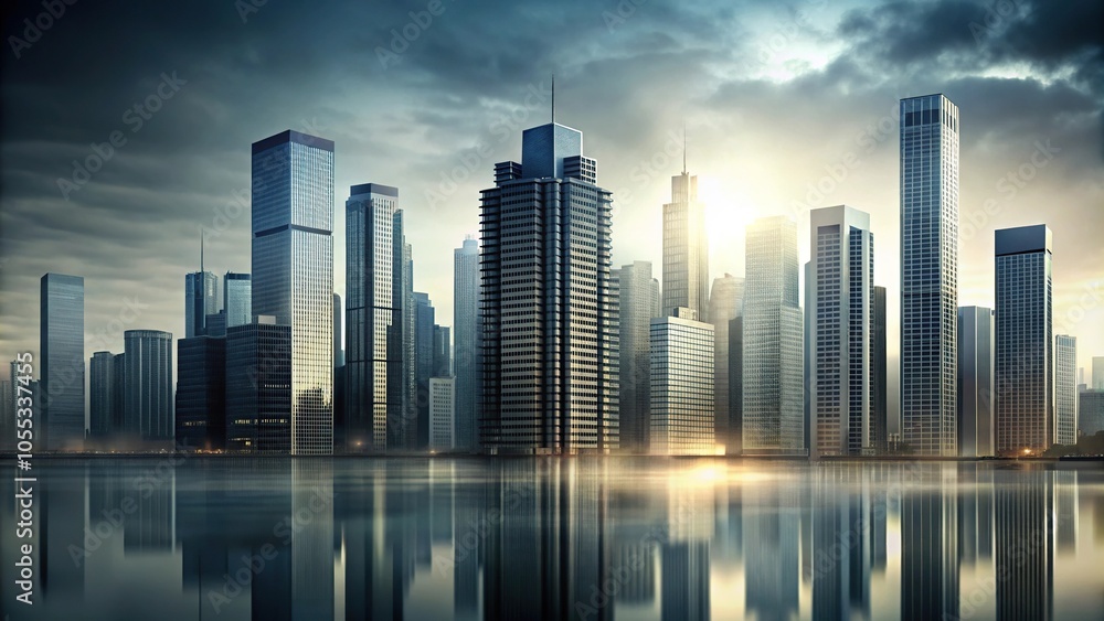 Fototapeta premium Abstract cityscape at dusk with a gray sky and tall skyscrapers, concrete jungle, tall buildings