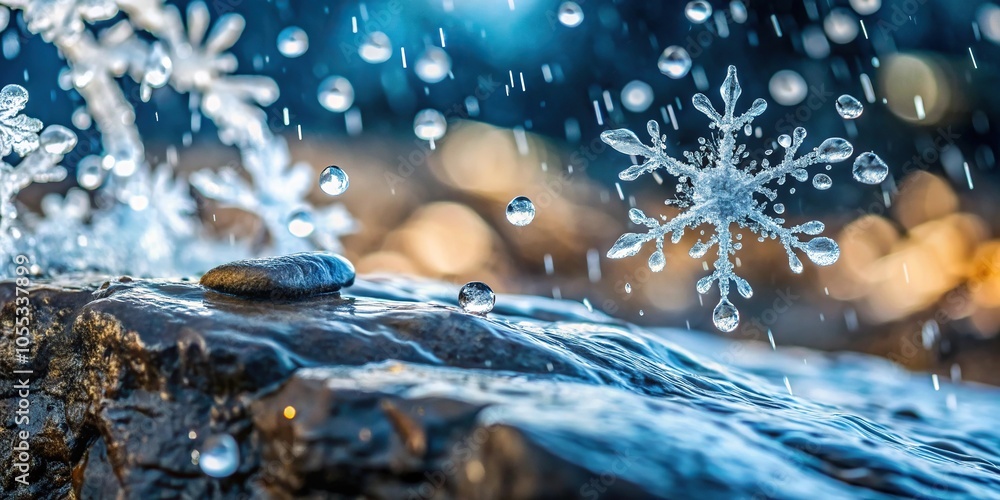 A close-up of raindrops merging with melting snowflakes on a wet rock, melt, raindrops, outdoors, liquid A close-up of raindrops merging with melting snowflakes on a wet rock, melt, raindrops, outdoors, liquid