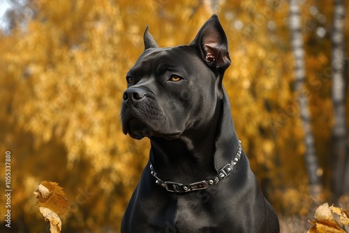 Black cane corso dog posing in autumn forest