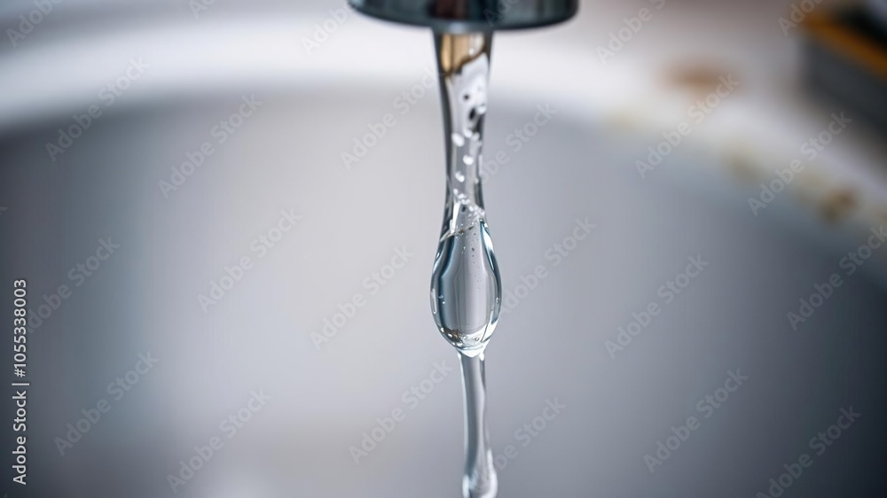 A close-up shot of a faucet with a small, steady drip of water, waste, detail A close-up shot of a faucet with a small, steady drip of water, waste, detail