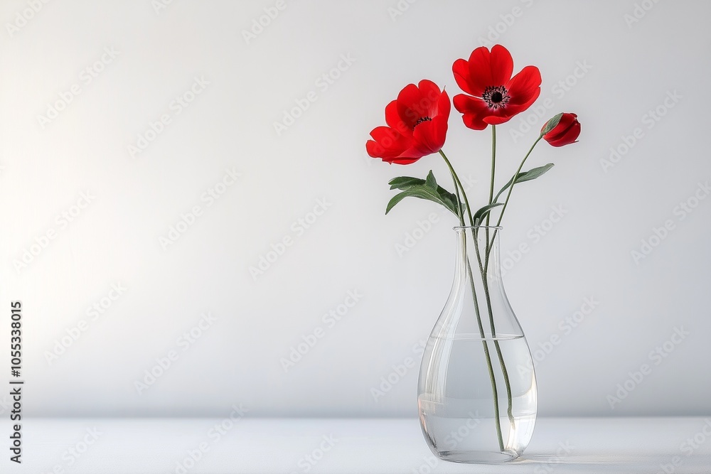 Red flowers in a clear glass vase on a simple table and white wall Red flowers in a clear glass vase on a simple table and white wall