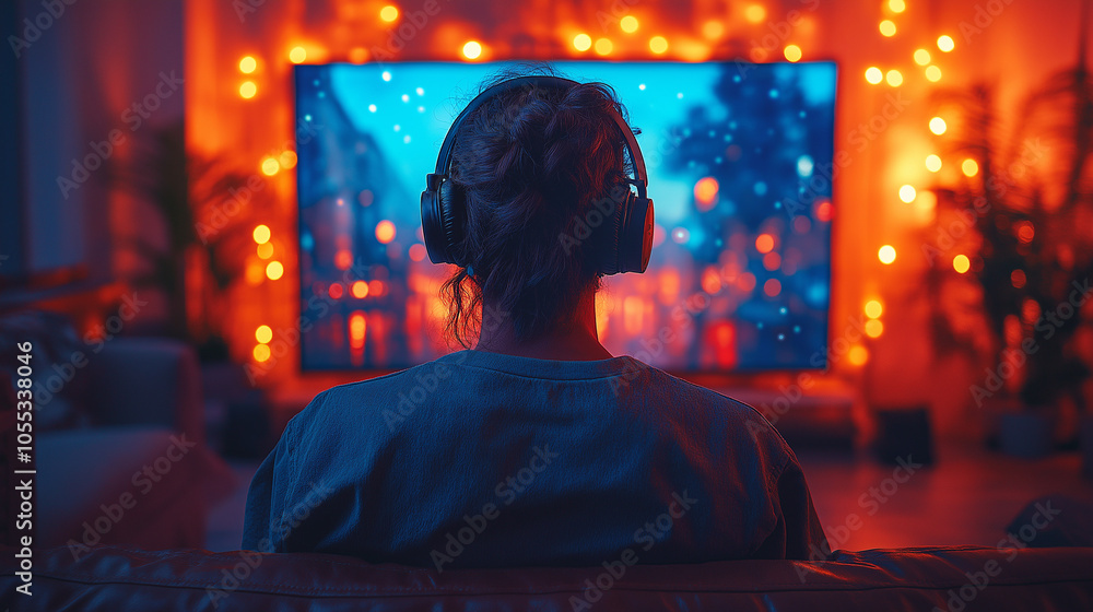A Young man wearing sleek headphones, sitting in front of a large, ultra-thin modern television, glowing screen reflecting on their face, casual posture, stylish contemporary clothing
A Young man wearing sleek headphones, sitting in front of a large, ultra-thin modern television, glowing screen reflecting on their face, casual posture, stylish contemporary clothing