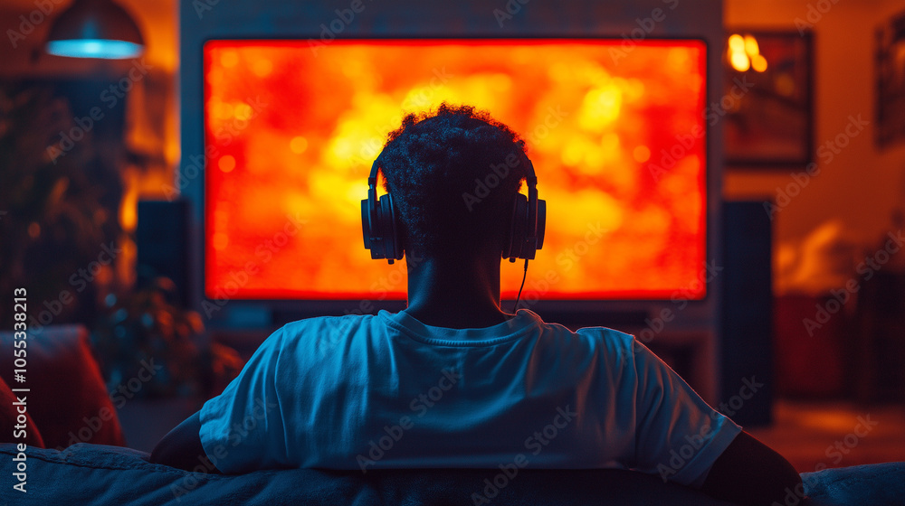 Obraz premium A Young man wearing sleek headphones, sitting in front of a large, ultra-thin modern television, glowing screen reflecting on their face, casual posture, stylish contemporary clothing