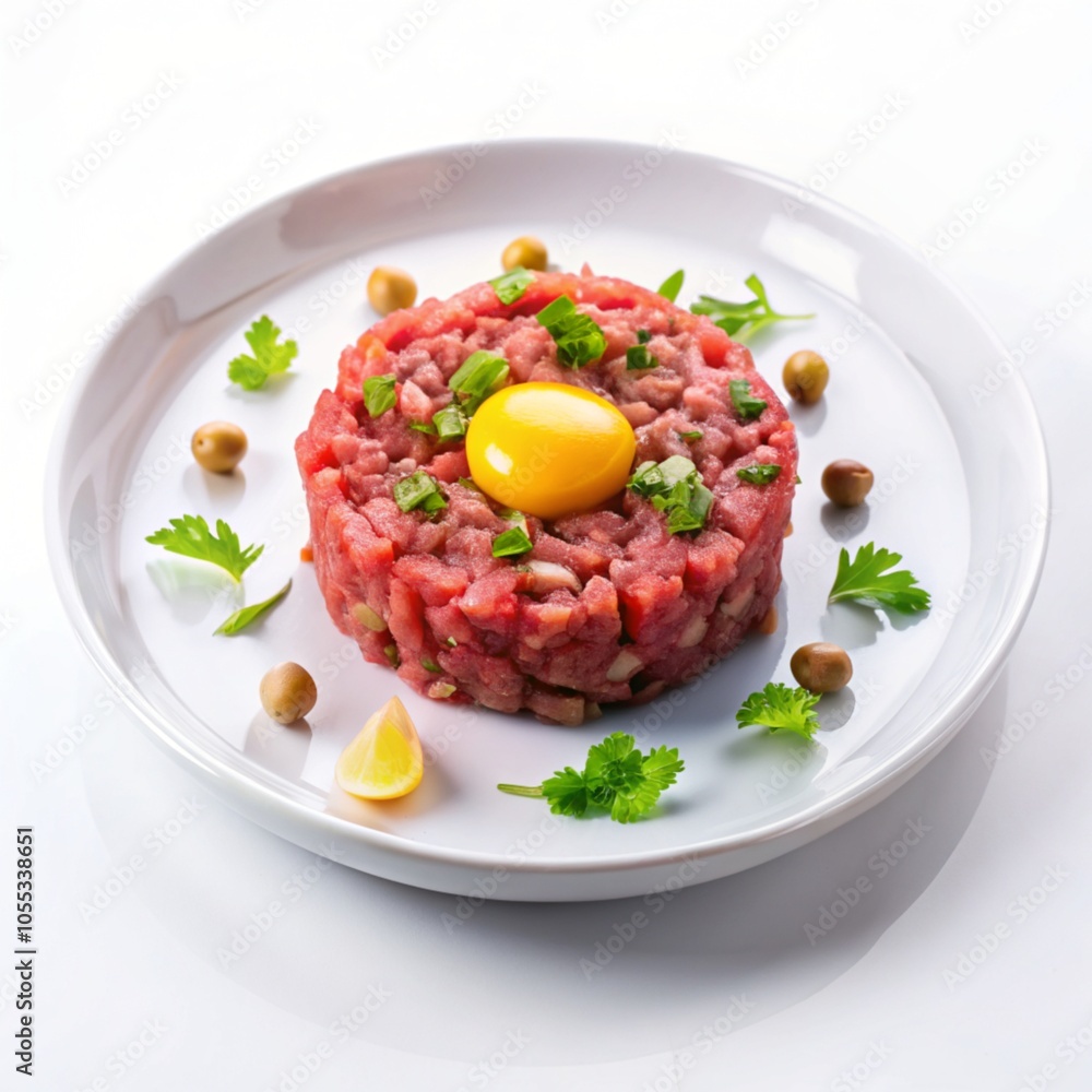 Egg tartare on a white plate, isolated on a white background. Egg tartare on a white plate, isolated on a white background.
