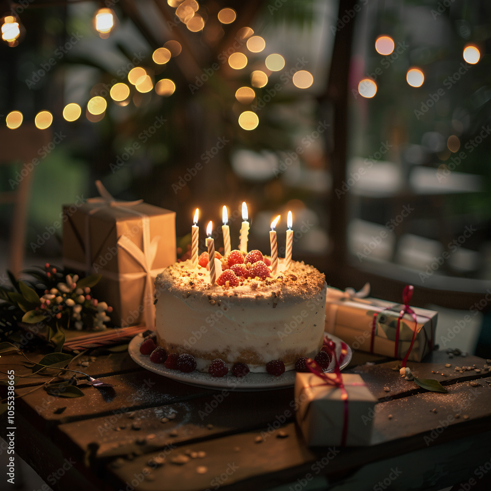 Birthday cake with candles, bright lights bokeh Birthday cake with candles, bright lights bokeh