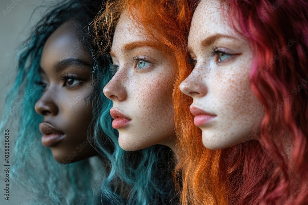 Three female models showing diversity with colorful hair Three female models showing diversity with colorful hair