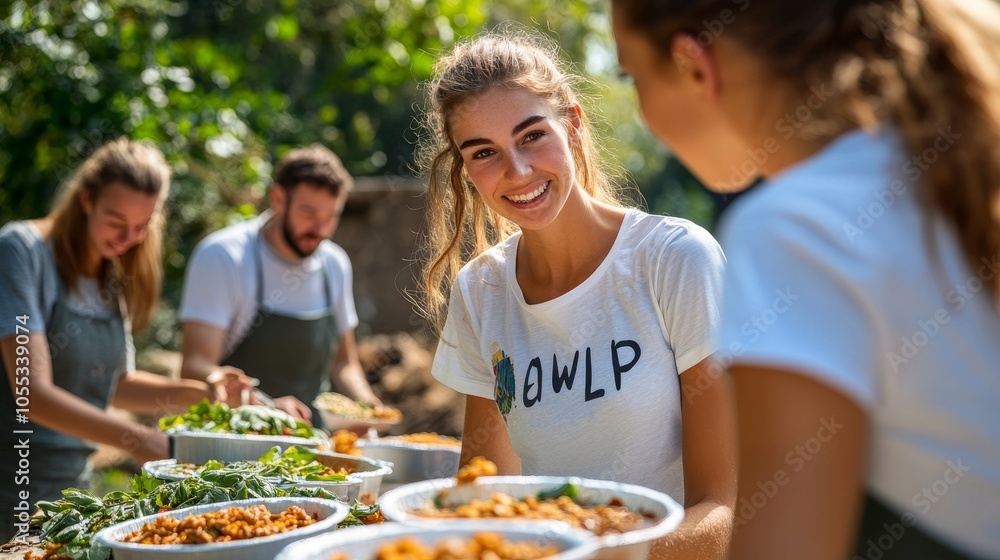 Volunteers Serving Food at a Community Event.Concept of food security, community service, humanitarian aid, charity, social responsibility, volunteerism, and poverty alleviation. Volunteers Serving Food at a Community Event.Concept of food security, community service, humanitarian aid, charity, social responsibility, volunteerism, and poverty alleviation.