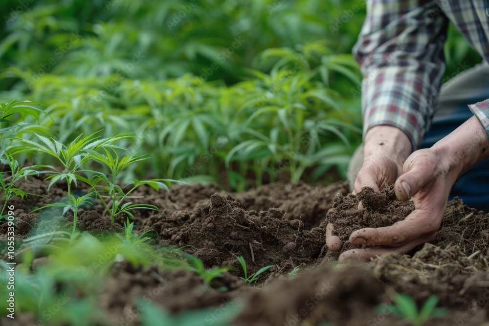 © AHNH3 - Farmer examining soil quality in a field of growing hemp plants © AHNH3 - Farmer examining soil quality in a field of growing hemp plants